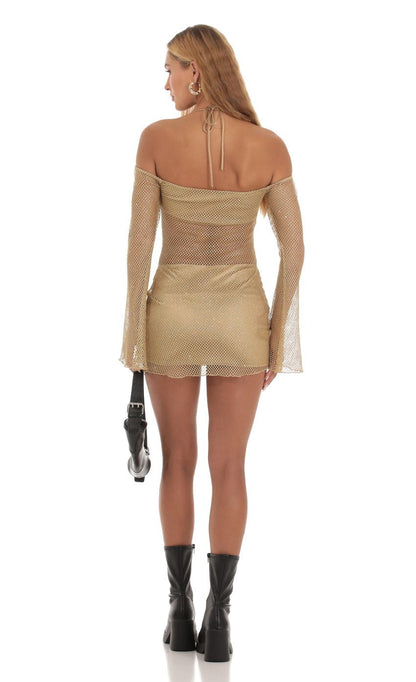 Lucy in the Sky Shimmer Fishnet Off Shoulder Dress in Gold