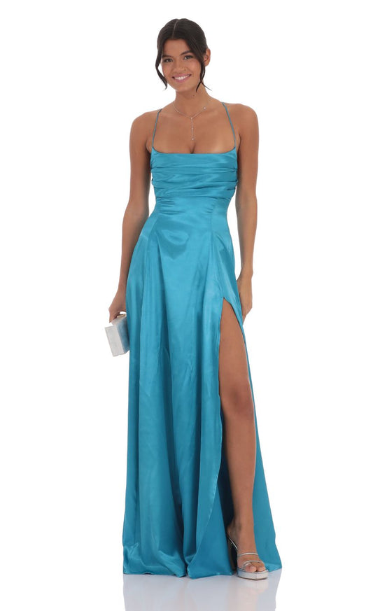 Lucy in the Sky Satin Draped Maxi Dress in Aqua Blue