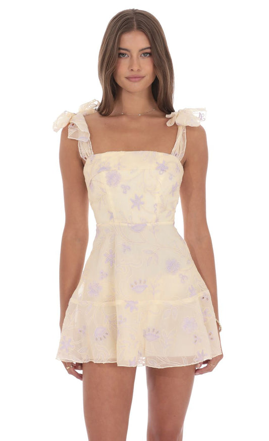 Lucy In The Sky Embroidered Floral A-line Dress in Cream