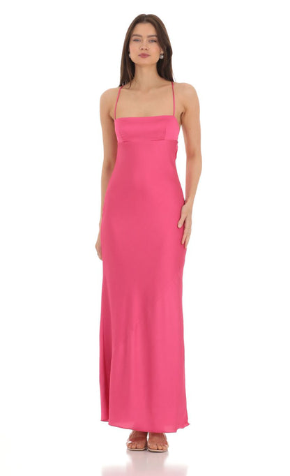 Lucy in the Sky Satin Open Back Maxi Dress in Pink