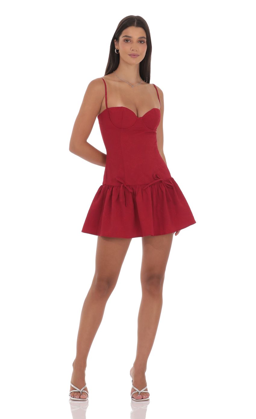 Lucy In The Sky Jacquard Double Bow Drop Waist Dress in Red