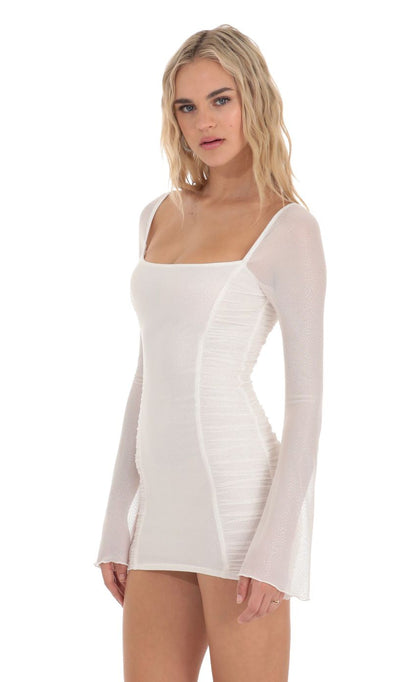 Lucy in the Sky Shimmer Mesh Ruched Bodycon Dress in White