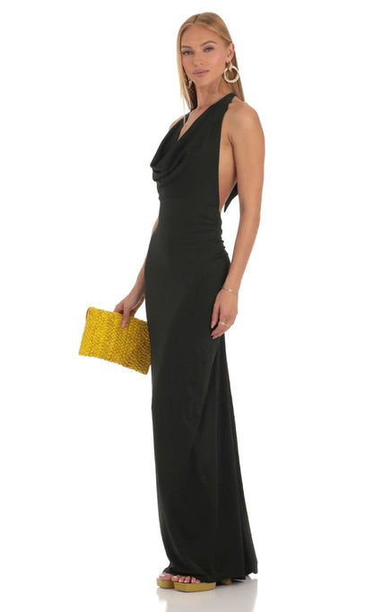 Lucy in the Sky Gathered Back Halter BodyCon Maxi Dress in Black