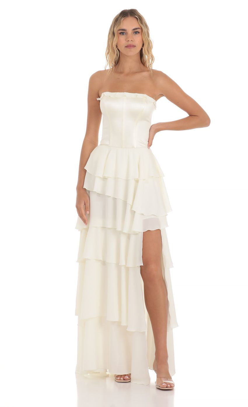 Lucy in the Sky Corset Ruffle Strapless Maxi Dress in Cream