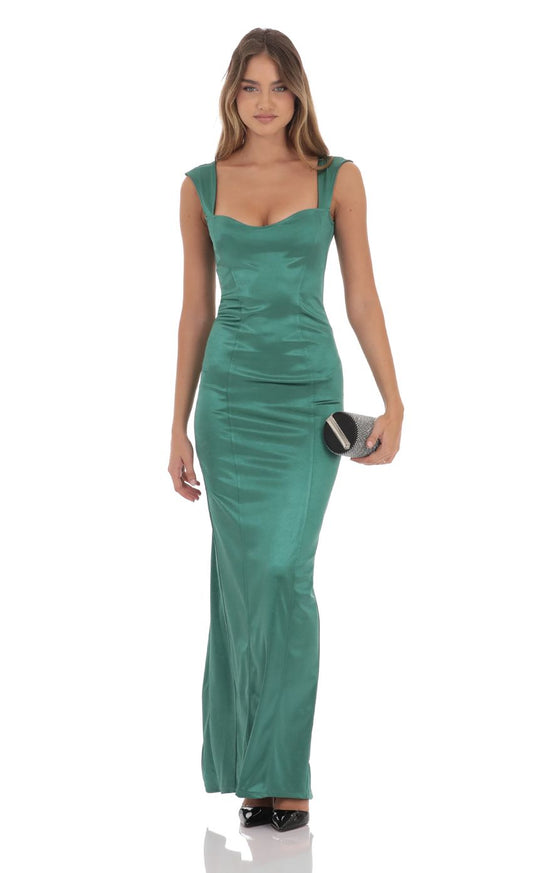 Lucy In The Sky Satin Bodycon Maxi Dress in Green