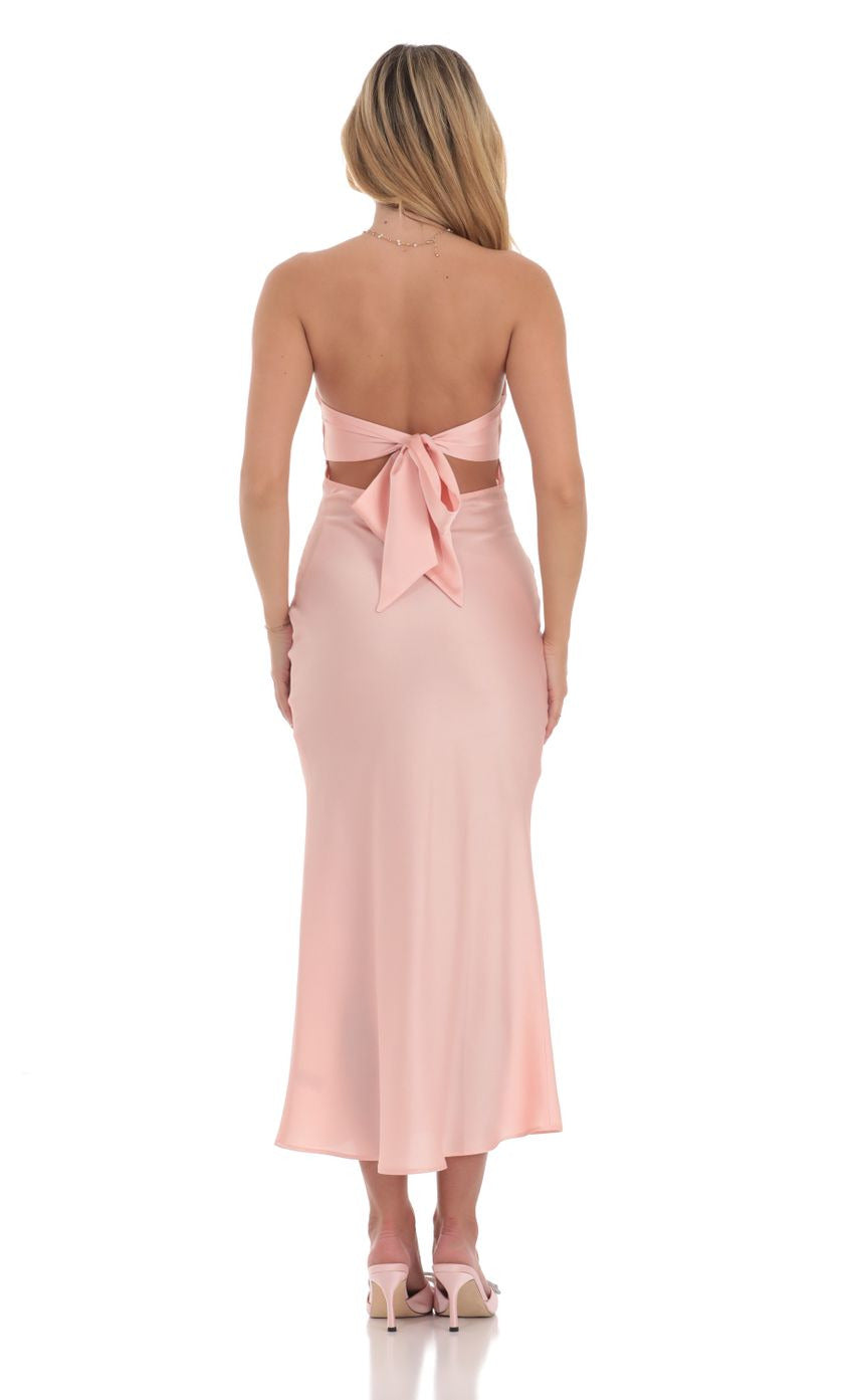 Lucy in the Sky Satin Twist Cutout Midi Dress in Pink