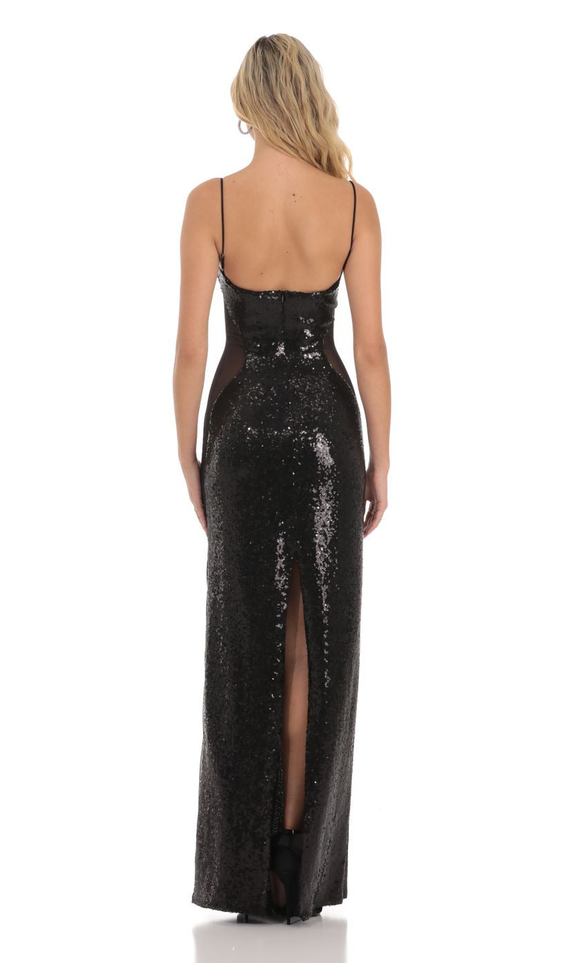 Lucy in the Sky Sequin Mesh Side Cutout Maxi Dress in Black