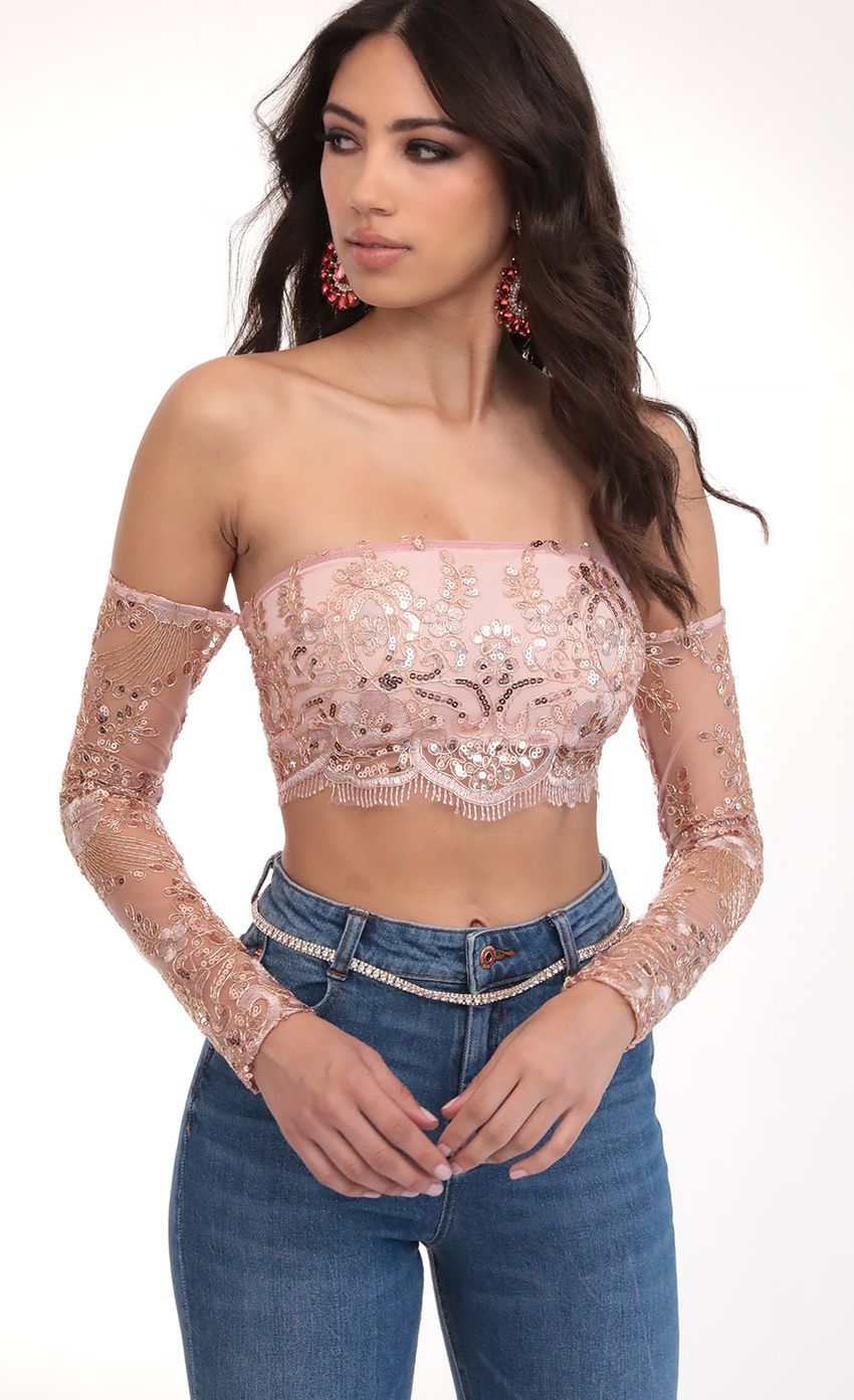 Lucy in the Sky Valentina Gold Sequin Lace Top in Mauve
