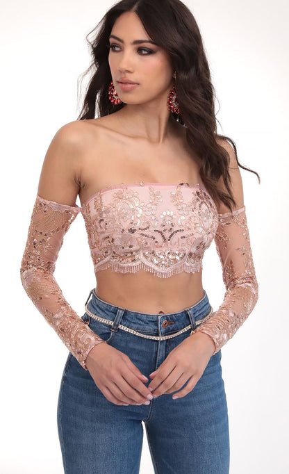 Lucy in the Sky Valentina Gold Sequin Lace Top in Mauve