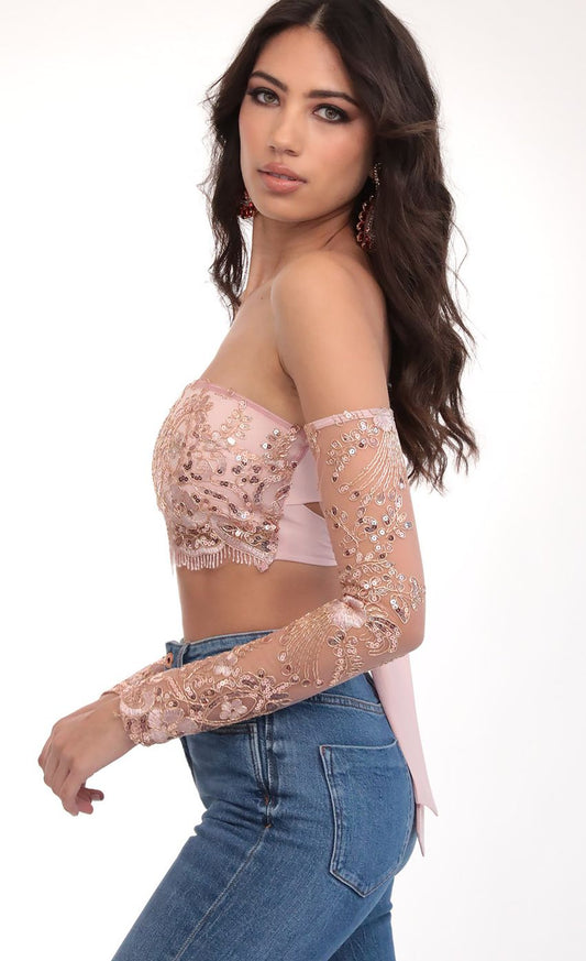 Lucy in the Sky Valentina Gold Sequin Lace Top in Mauve