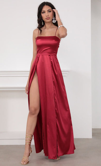 Lucy in the Sky Satin Maxi Dress in Red