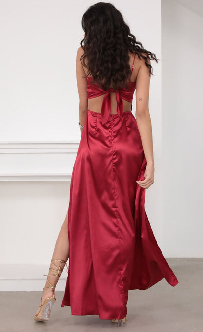 Lucy in the Sky Satin Maxi Dress in Red