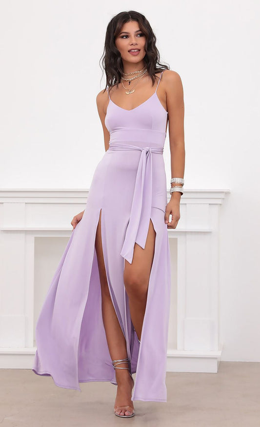 Lucy in the Sky Satin Tie Maxi in Lilac
