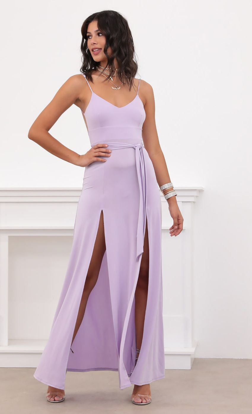 Lucy in the Sky Satin Tie Maxi in Lilac