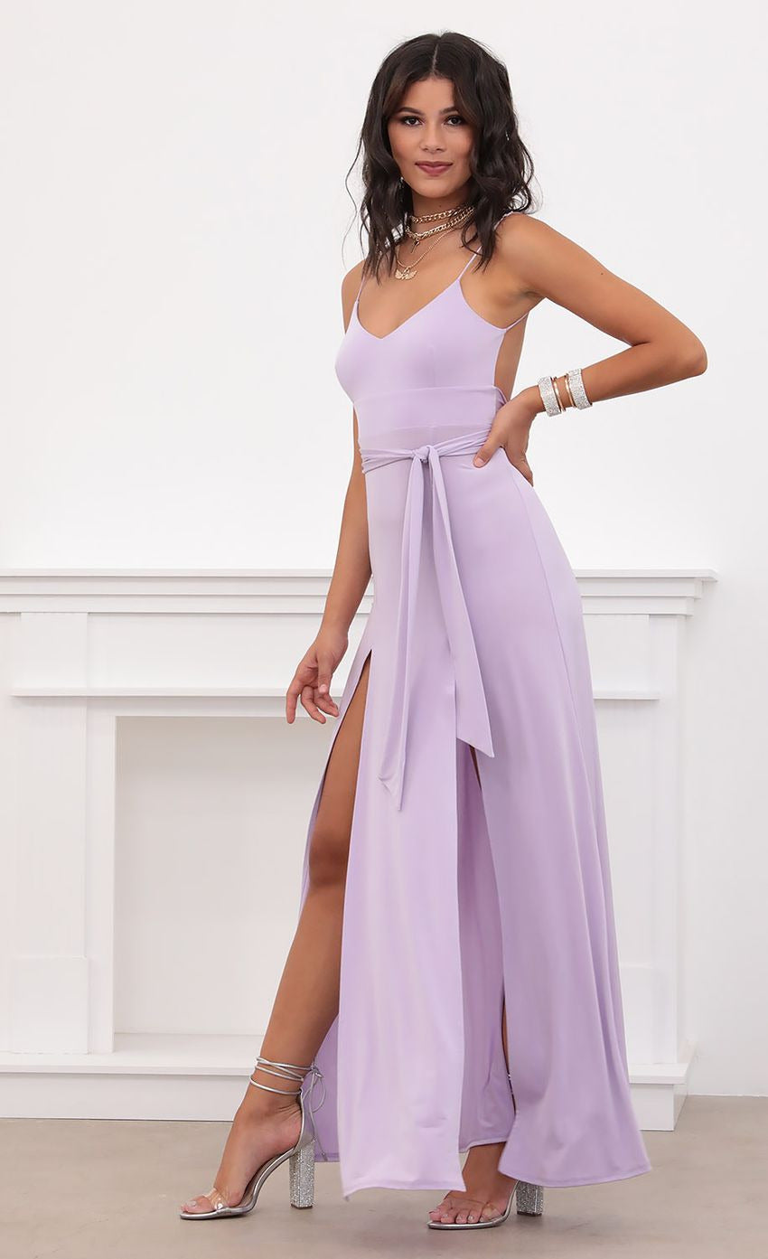 Lucy in the Sky Satin Tie Maxi in Lilac