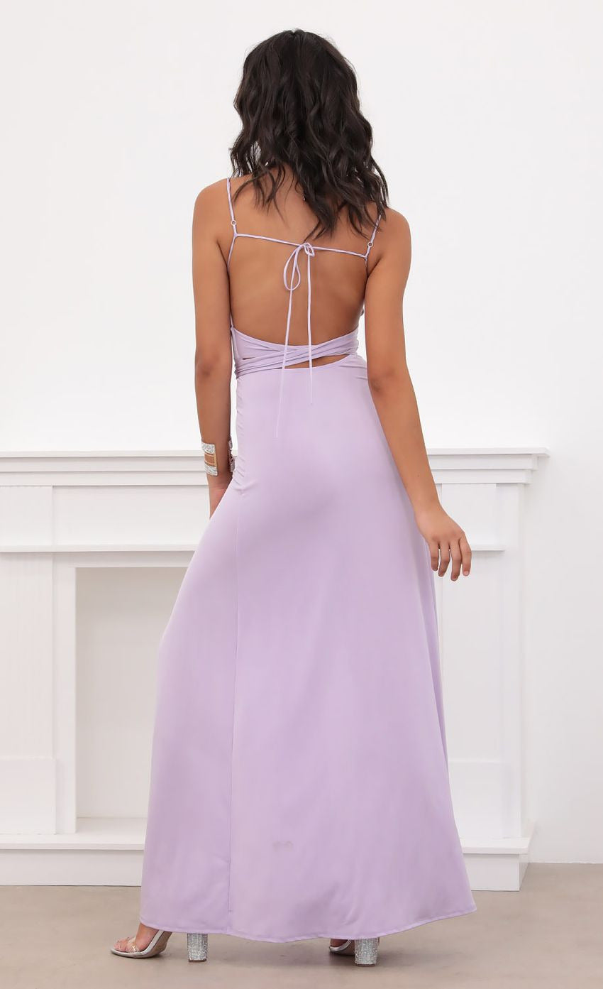 Lucy in the Sky Satin Tie Maxi in Lilac