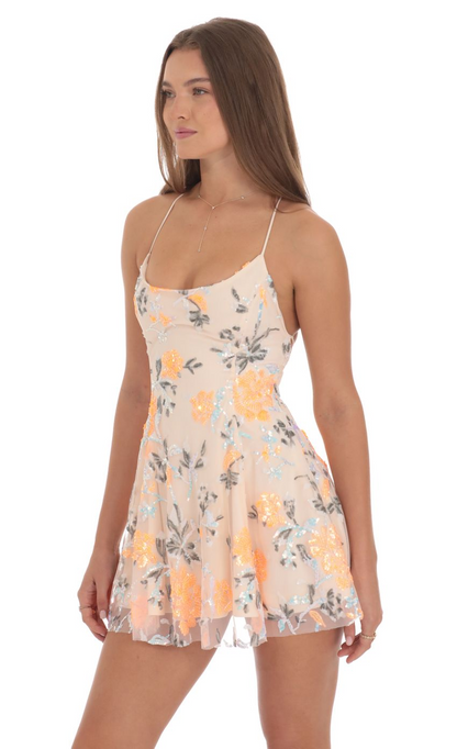 Lucy in the Sky Sequin Floral Mini Dress in Cream