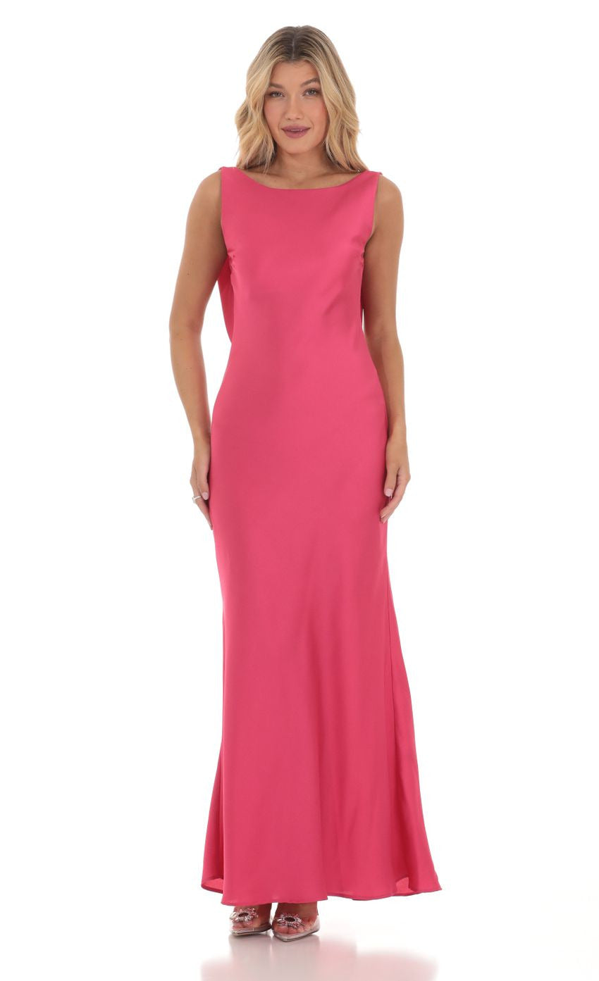 Lucy in the Sky Satin High Neck Open Back Maxi Dress in Magenta