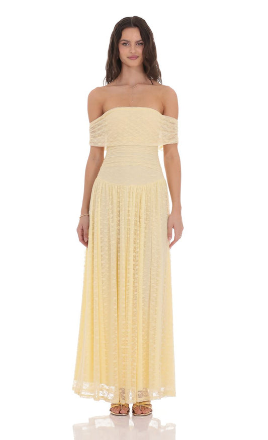 Lucy In The Sky Lace Off Shoulder Maxi Dress in Yellow