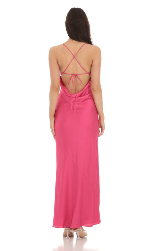 Lucy in the Sky Satin Open Back Maxi Dress in Pink