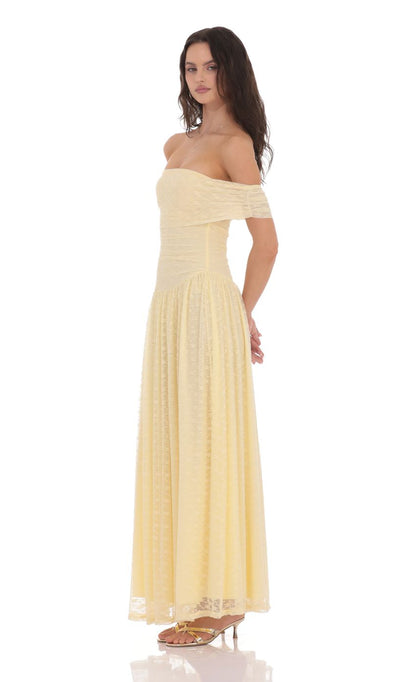 Lucy In The Sky Lace Off Shoulder Maxi Dress in Yellow