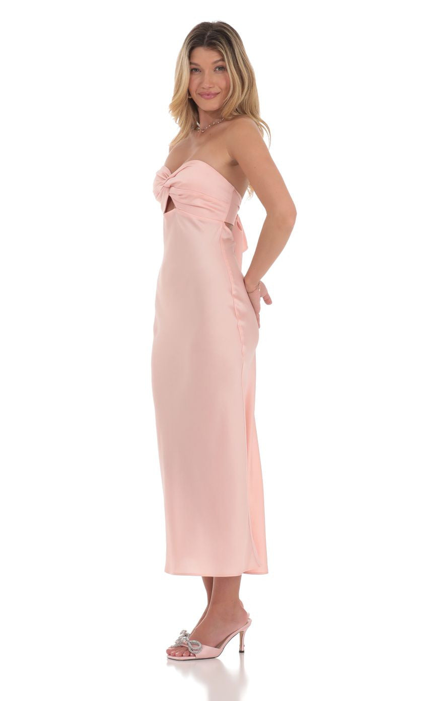 Lucy in the Sky Satin Twist Cutout Midi Dress in Pink
