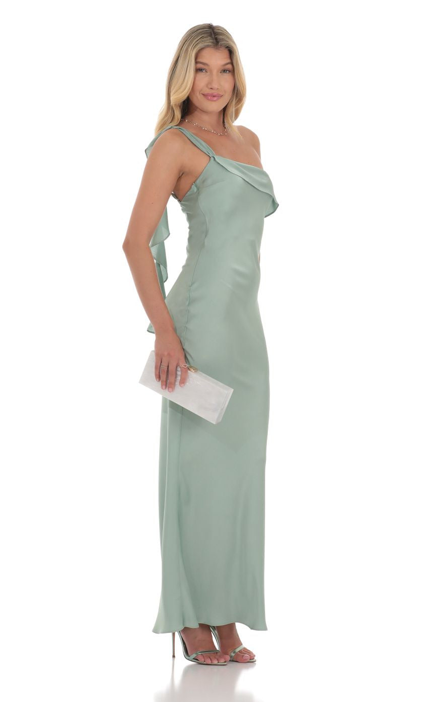 Lucy in the Sky Satin One Shoulder Tassel Maxi Dress