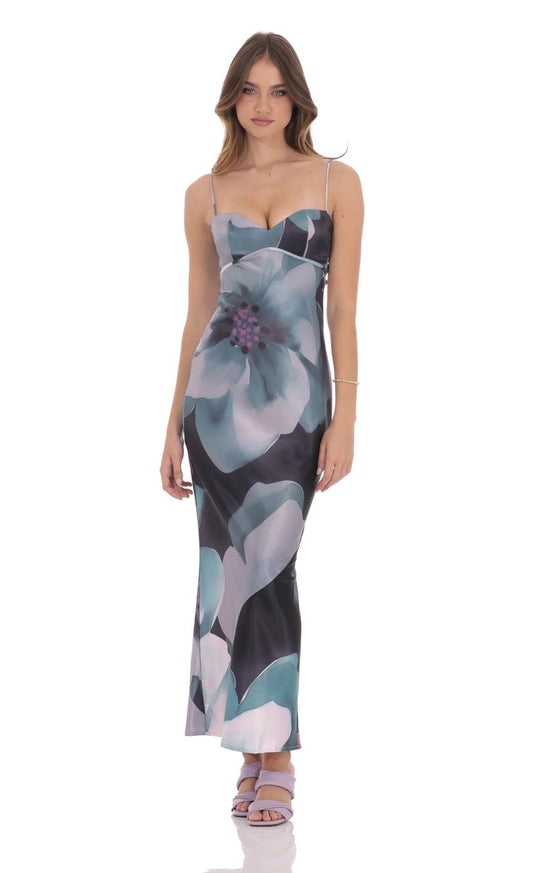Lucy In The Sky Floral Back Tie Maxi Dress in Dark Teal