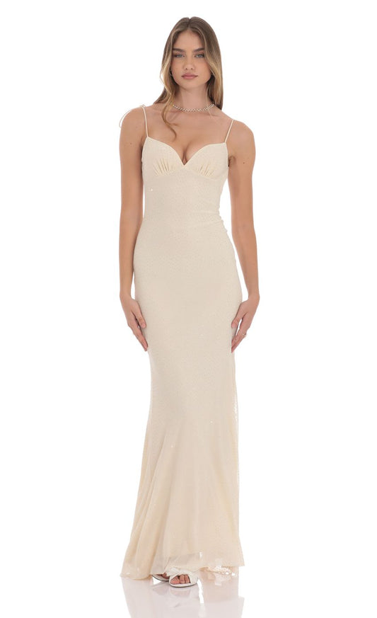 Lucy In The Sky Rhinestone Mesh Open Back Maxi Dress in Beige