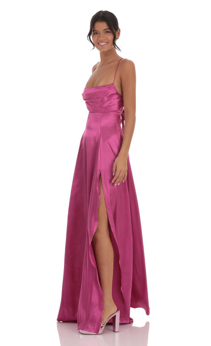 Lucy in the Sky Satin Floral Maxi Dress in Magenta