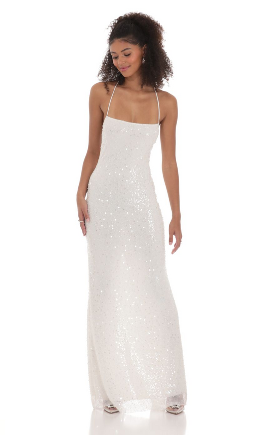 Lucy in the Sky Sequin Mesh Maxi Dress in White