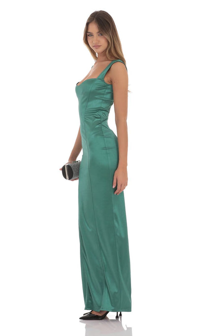 Lucy In The Sky Satin Bodycon Maxi Dress in Green