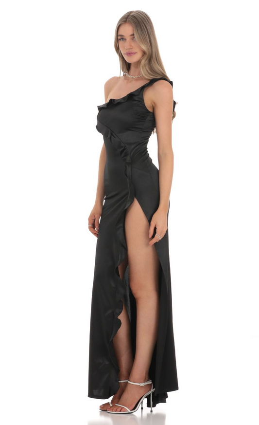 Lucy in the Sky Satin One Shoulder Maxi Dress in Black