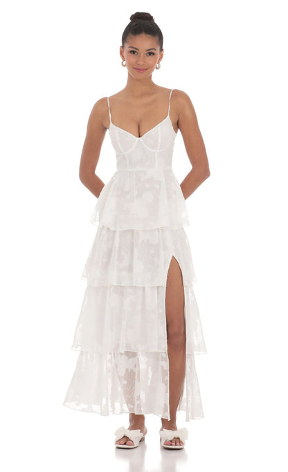 Lucy In The Sky Floral Ruffle A-line Maxi Dress in White