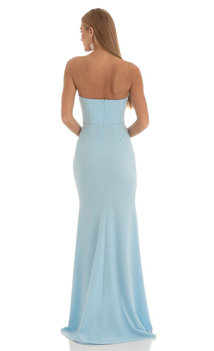 Lucy in the Sky Satin Corset High Low Crepe Maxi Dress