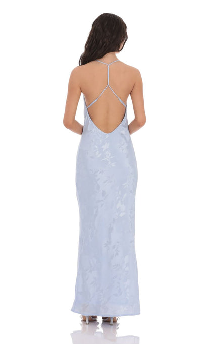 Lucy In The Sky Floral Jacqaurd Cowl Neck Maxi Dress in Light Blue