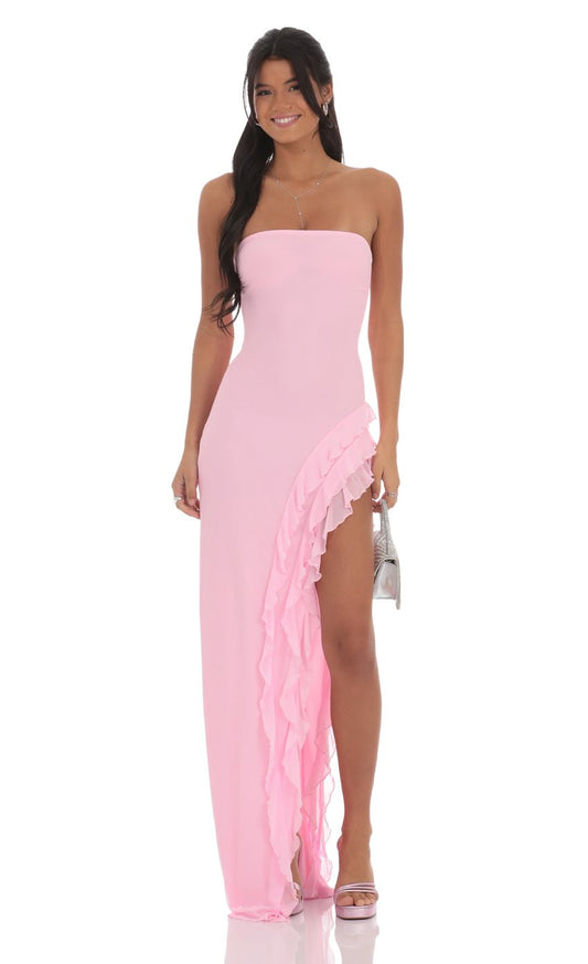 Lucy In The Sky Mesh Strapless Triple Ruffle Maxi Dress in Pink