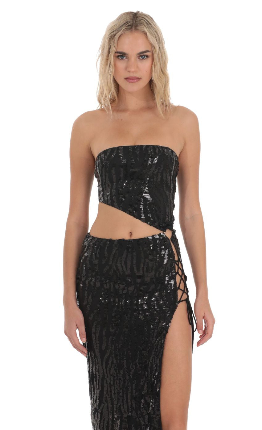 Lucy in the Sky Strapless Sequin Cutout Maxi Dress in Black