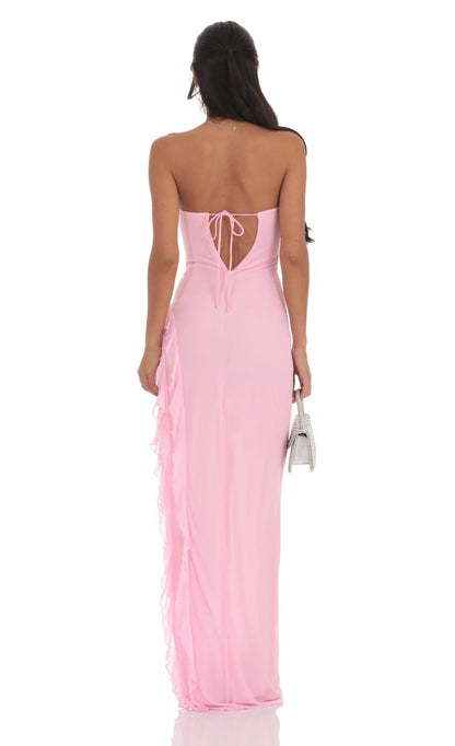 Lucy in the Sky Mesh Strapless Triple Ruffle Maxi Dress in Pink