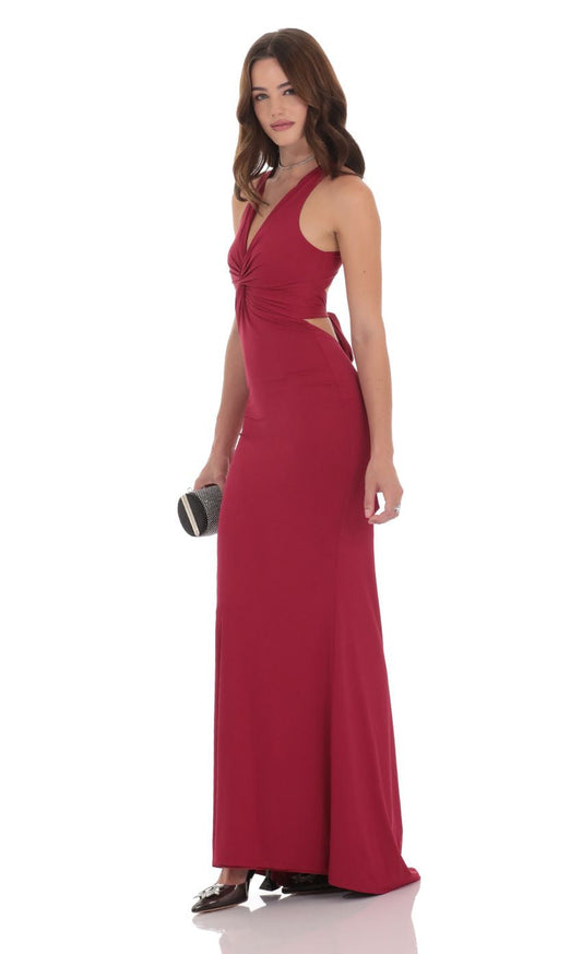 Lucy in the Sky Twist V-Neck Maxi Dress in Black and Wine