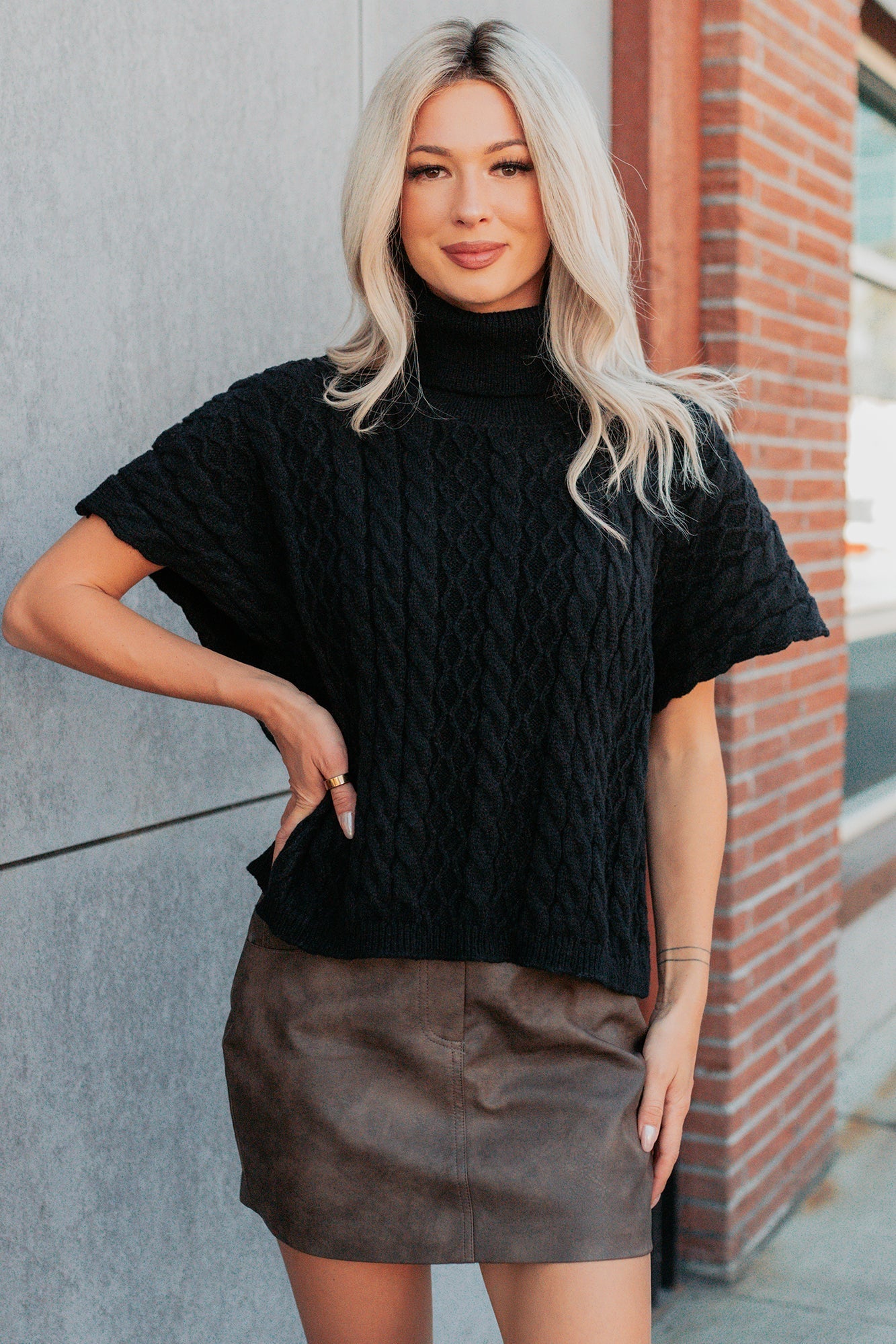 NanaMacs Cozy Escape Short Sleeve Cable Knit Sweater (Black)