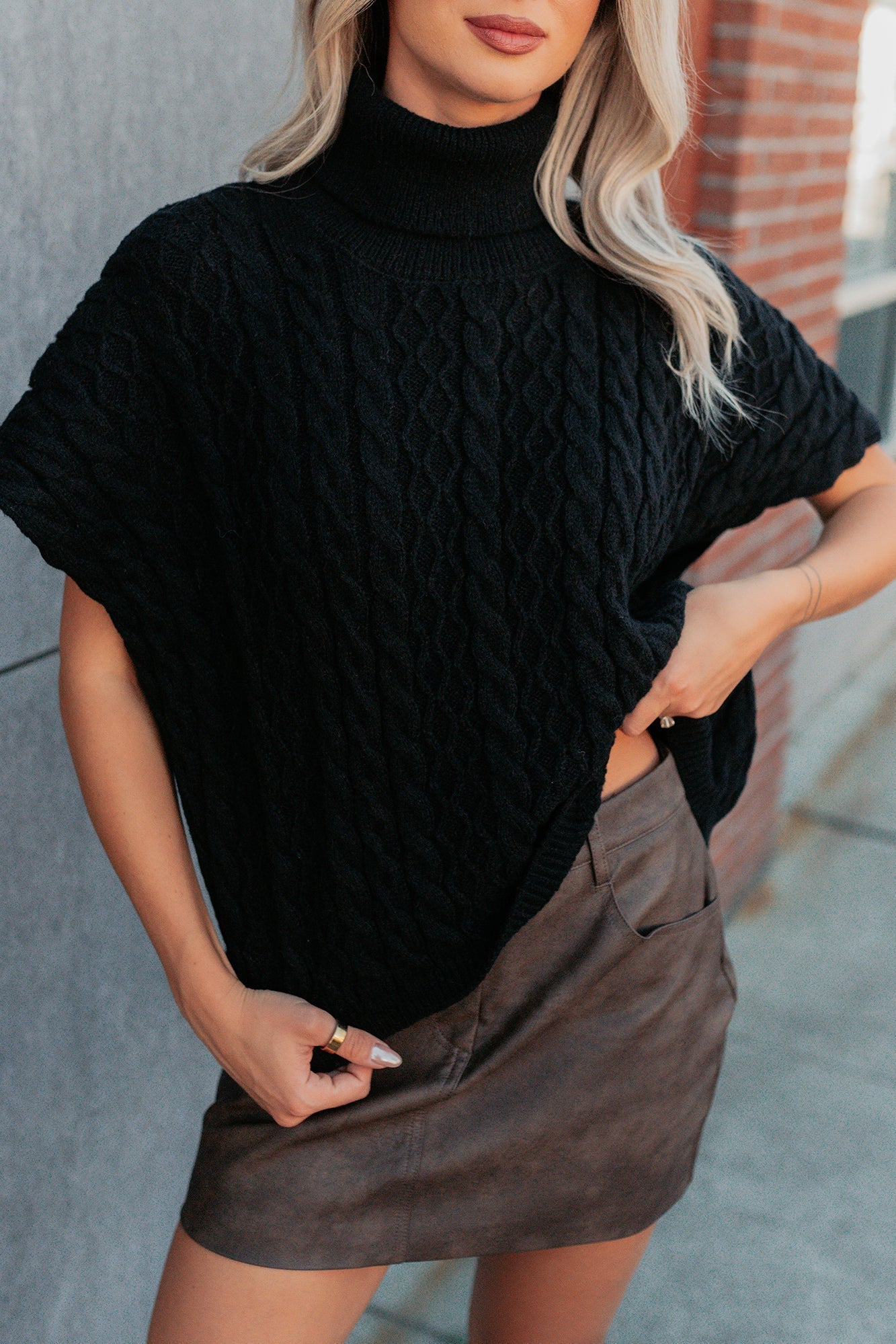 NanaMacs Cozy Escape Short Sleeve Cable Knit Sweater (Black)