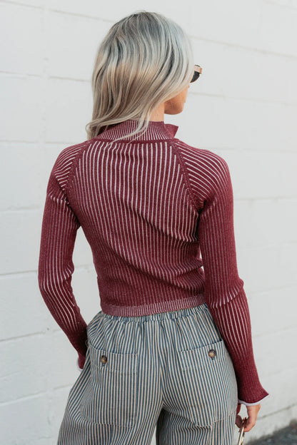 NanaMacs Dreamboat Babe Ribbed Zip-Up Top (Wine)