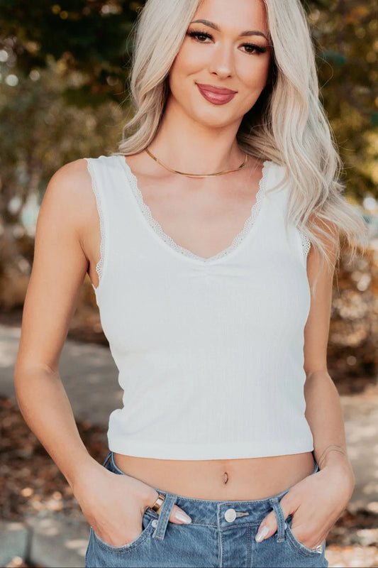 NanaMacs Bed Of Roses Ribbed Lace Trim Tank Top (White)