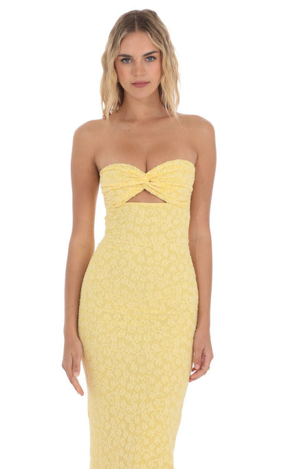 Lucy in the Sky Strapless Textured Floral Twist Maxi Dress