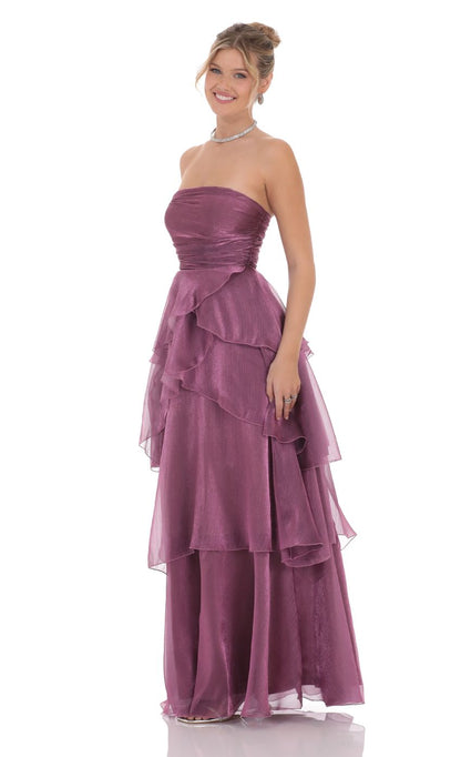 Lucy In The Sky Corset Petal Ruffle Strapless Maxi Dress in Purple