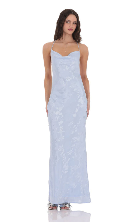 Lucy In The Sky Floral Jacqaurd Cowl Neck Maxi Dress in Light Blue