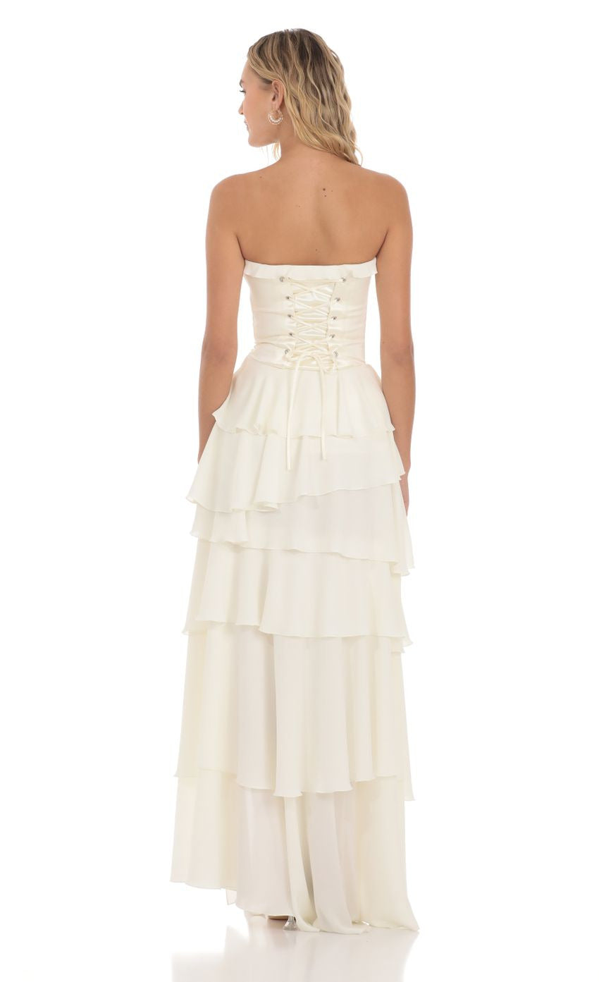 Lucy in the Sky Corset Ruffle Strapless Maxi Dress in Cream