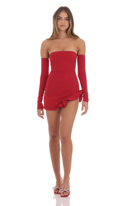 Lucy In The Sky Crepe Ruffle Slit Bodycon Dress in Red