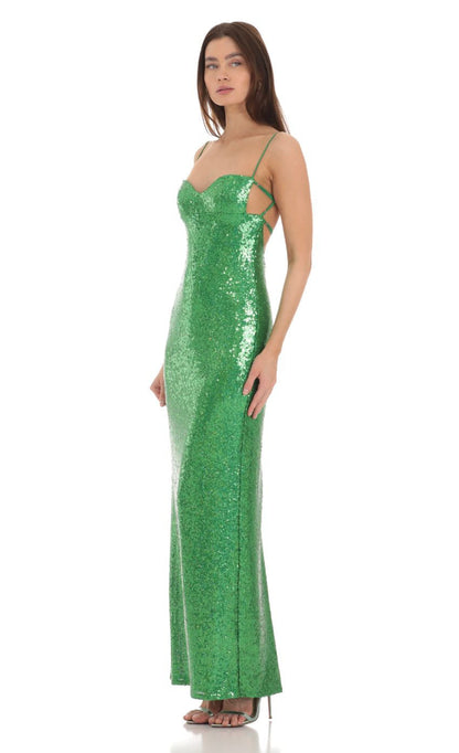 Lucy in the Sky Sequin Open Back Maxi Dress in Green